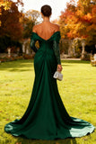Dark Green Mermaid Off the Shoulder Long Wedding Guest Dress with Cape
