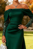 Dark Green Mermaid Off the Shoulder Long Wedding Guest Dress with Cape
