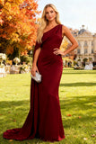 Burgundy Mermaid One Shoulder Long Wedding Guest Dress with Cape