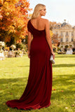 Burgundy Mermaid One Shoulder Long Wedding Guest Dress with Cape