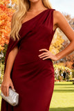 Burgundy Mermaid One Shoulder Long Wedding Guest Dress with Cape