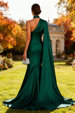 Dark Green Mermaid Sweep Train Wedding Guest Dress with Cape