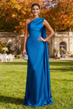 Royal Blue One Shoulder Long Mermaid Wedding Guest Dress with Cape