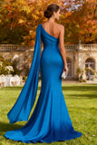 Royal Blue One Shoulder Long Mermaid Wedding Guest Dress with Cape