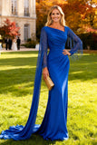 Royal Blue Ruched Mermaid Long Wedding Guest Dress with Cape