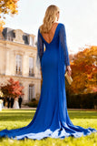 Royal Blue Ruched Mermaid Long Wedding Guest Dress with Cape