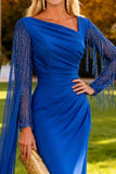 Royal Blue Ruched Mermaid Long Wedding Guest Dress with Cape