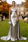 Glitter Silver Mermaid Floral Long Wedding Guest Dress with Cape