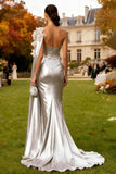 Glitter Silver Mermaid Floral Long Wedding Guest Dress with Cape