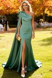 Sage Green Satin Mermaid Long One Shoulder Wedding Guest Dress with Cape