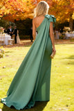 Sage Green Satin Mermaid Long One Shoulder Wedding Guest Dress with Cape