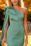 Sage Green Satin Mermaid Long One Shoulder Wedding Guest Dress with Cape