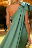 Sage Green Satin Mermaid Long One Shoulder Wedding Guest Dress with Cape