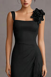 Black Bodycon Ruffled Midi Cocktail Dress with 3D Flower