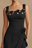 Black Ruffled Bodycon Floral Midi Cocktail Dress with Slit
