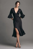 Black Midi Flare Sleeves Cocktail Dress with Slit