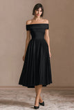 Midi A-Line Pleated Black Tie Dress