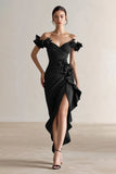 Sparkly Black Sheath Ruffled Evening Dress with 3D Flowers