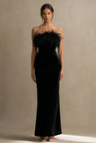 Black Long Velvet Holiday Party Dress with Feathers
