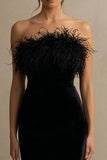 Black Long Velvet Holiday Party Dress with Feathers