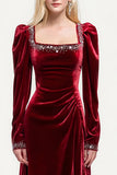 Sparkly Velvet Burgundy A-Line Long Holiday Party Dress with Beading