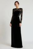 Black Velvet Long Sheath Holiday Party Dress with Lace