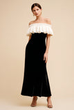 Black and White Long Velvet Holiday Party Dress with Ruffles