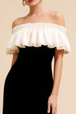 Black and White Long Velvet Holiday Party Dress with Ruffles