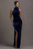 Dark Navy Velvet Sheath Maxi Holiday Party Dress with Slit
