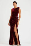 Burgundy Sheath Velvet Long Holiday Party Dress with 3D Flowers