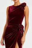 Burgundy Sheath Velvet Long Holiday Party Dress with 3D Flowers