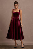 Burgundy Midi Velvet A-Line Holiday Party Dress