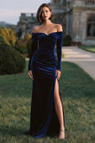 Navy Maxi Velvet Holiday Party Dress with Slit