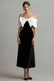 Black and White Long Velvet Holiday Party Dress with Bow
