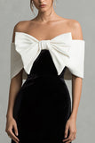 Black and White Long Velvet Holiday Party Dress with Bow