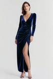 Navy Ruched Velvet Long Holiday Party Dress with Slit