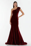 Burgundy Long Velvet Holiday Party Dress with 3D Flowers