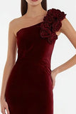 Burgundy Long Velvet Holiday Party Dress with 3D Flowers