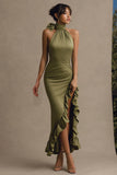Olive Ruffled Mermaid Maxi Wedding Guest Dress with Slit