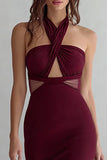 Burgundy Long Sheath Wedding Guest Dress with Keyhole
