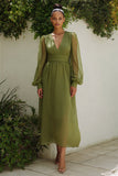 A-Line Olive Long Sleeves Wedding Guest Dress