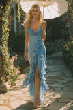 Dusty Blue Ruffled Mermaid Long Wedding Guest Dress with Slit