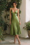 Olive Spaghetti Straps A-Line Midi Wedding Guest Dress