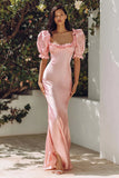 Pink Ruffled Mermaid Puff Sleeves Long Wedding Guest Dress with Slit