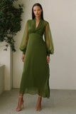 A-Line V-Neck Long Olive Wedding Guest Dress