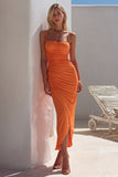 Orange Sheath Long Ruched Wedding Guest Dress with Slit