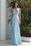 Sky Blue Halter Neck Maxi Wedding Guest Dress with Lace