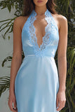 Sky Blue Halter Neck Maxi Wedding Guest Dress with Lace