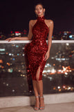 Sparkly Red Sequin Bodycon Halter Midi Cocktail Dress with Slit