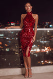 Sparkly Red Sequin Bodycon Halter Midi Cocktail Dress with Slit